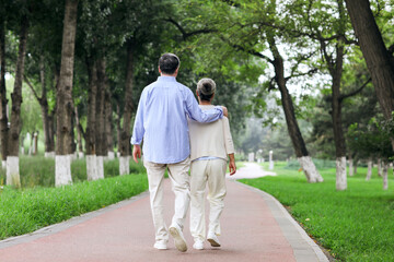 Happy old couple walking in the park