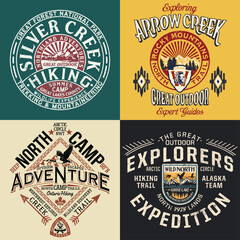 Obraz premium Vintage north wild outdoor adventure discovery four different vector print for boy kid wear grunge effect in separate layer