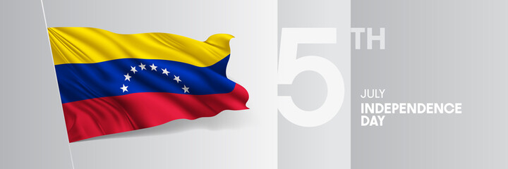 Venezuela happy independence day greeting card, banner vector illustration. Venezuelan national holiday 5th of July design element with 3D waving flag on flagpole