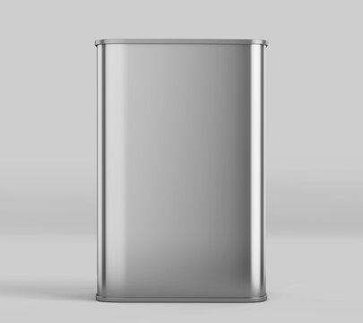 Rectangular Olive Oil Tin Can Mockup, Silver Liquid Container, 3d Rendered Isolated On Light Background