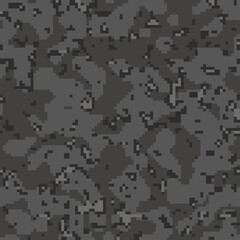 Camouflage pattern background, seamless vector illustration. Classic clothing style masking dark camo, repeat print. Grey and black texture