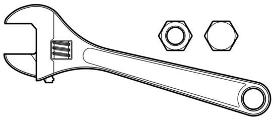 Technical illustration of a single adjustable wrench with a not and bolt.