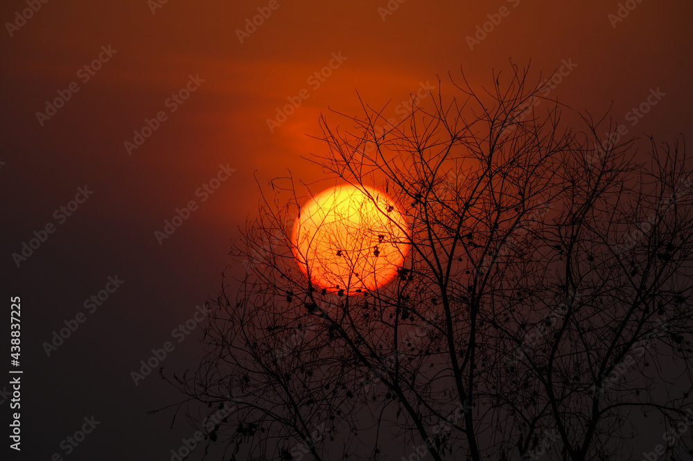 Sticker big orange sun on sunset background