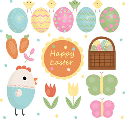 Fototapeta premium Easter, vector set with cute eggs, chicken and butterflies.