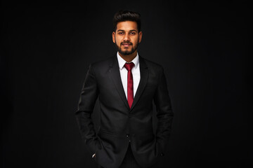 Portrait of young indian business man in black suit on black isolated background