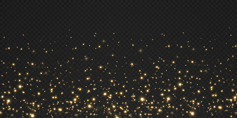 Christmas background. Powder dust light PNG. Magic shining gold dust. Fine, shiny dust bokeh particles fall off slightly. Fantastic shimmer effect. Vector illustrator.