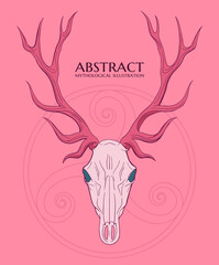 rose and green illustration with Triskelion and deer's skull