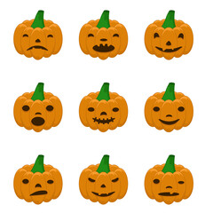 Set of pumpkins on a white background. The main symbol of the holiday Halloween. Pumpkins with different emotions. Vector illustration.