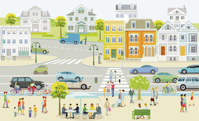 Kleine Stadt mit Häusern und Verkehr, Fußgänger im Vorort-– Illustration