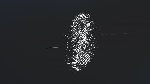 Digital fingerprint scan made up of millions of pixel particles. Digital animation unique fingerprint