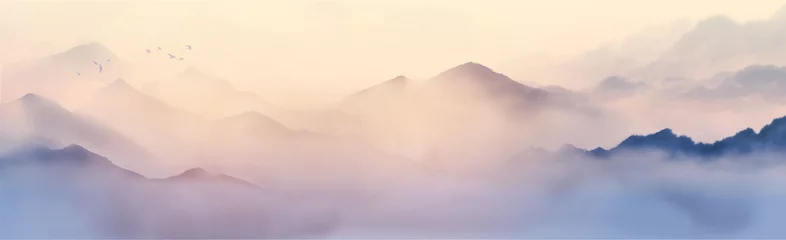 Foto op Plexiglas Mistige bergen met zachte hellingen en zwerm vogels in zonsopganghemel. Traditionele oosterse inkt schilderij sumi-e, u-sin, go-hua. © elinacious