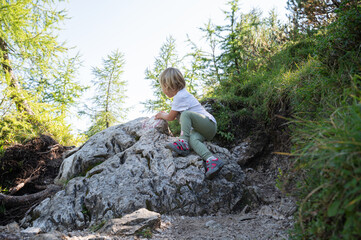 Naklejka na ściany i meble Toddler child climbing the rock on a hiking trail