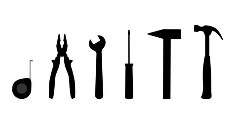 Black silhouette tools icon set. Collection of repair equipment