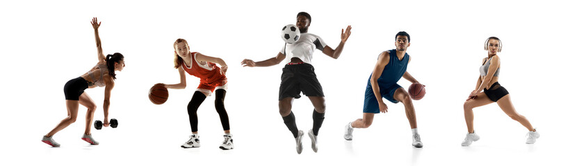 Sport collage. Basketball, fitness, soccer football men and women in motion