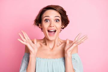 Photo of young excited girl happy positive smile amazed shocked surprised news sale isolated over pastel color background