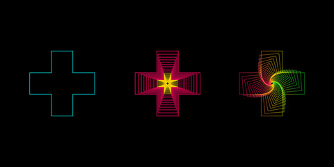 Obraz premium Neon cross. Linear Abstract geometric shapes of neon colors on black background. Glowing icon on dark background. Neon signboard. Vector illustration