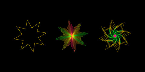 Neon stars. Linear Abstract geometric shapes of neon colors on black background. Glowing icon on dark background. Line art geometric neon. Vector illustration