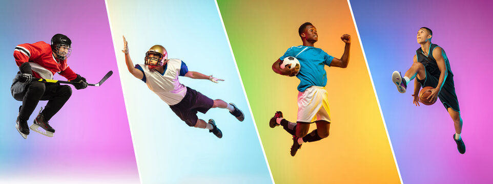 Collage of different professional sportsmen, fit people isolated on color background. Flyer.