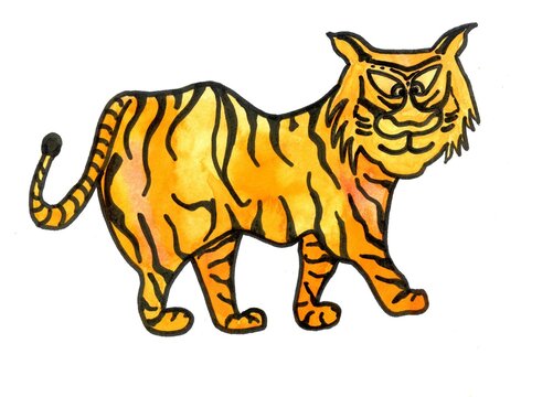 a watercolor illustration of a cute smiling cartoon Bengal tiger isolated on a white background. Endangered animals