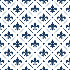 Seamless elegant pattern with Fleur De Lis, dots and rhombus decoration in navy blue color on white background - 438842086