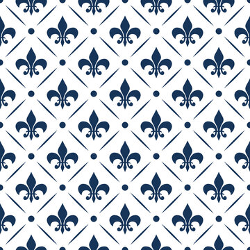 Seamless elegant pattern with Fleur De Lis, dots and rhombus decoration in navy blue color on white background