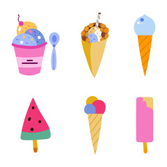 Big set of Cute and funny ice cream cliparts in different shapes for summer hot days. Vector illustrations in bright colors isolated on the background. For sticker, scrapbook, fabric, social media