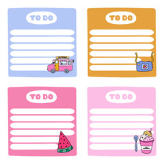 Cute scrapbook templates for planner (notes, to do) about summer time, trips, vacation. Hand drawn Illustration. Printable, editable. For school and university schedule. Empty list of everyday tasks.