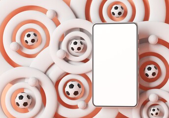 football online live. smartphone mockup with white screen. sports broadcast channel. football ball object. tournament design concept. soccer sport online tournament.  copy space. 3d illustration.