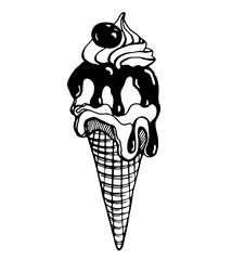 Ice cream in a waffle cone with a cherry. Vector image on a transparent background, drawn by a pen