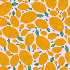 Cute and colorful vector seamless hand drawn pattern with bright and juicy lemon in pink, yellow colors. Can be used for, wrapping paper, bedclothes, notebook, packages, gift paper, clothes, textile.
