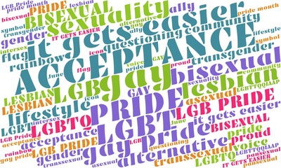 Colorful word cloud on the subject of gay pride, concept for LGB Pride Month, for background, wallpaper graphic