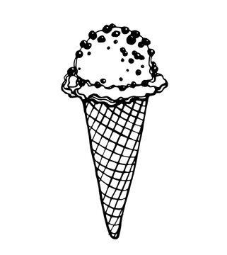 ice cream in a waffle cone with nuts. Vector image on transparent background, drawn by a pen