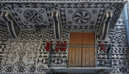 traditional old historic balcony in the picturesque village, Pirgi, Chios, Greek island, Greece