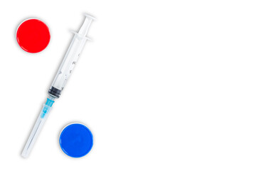 Syringe and two components of the Covid-19 vaccine in the form of a percent sign on a white...