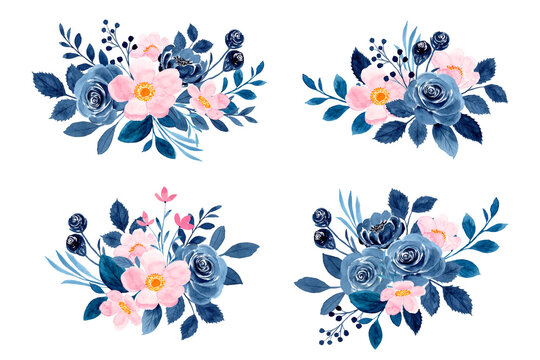 Pink blue floral arrangement collection with watercolor