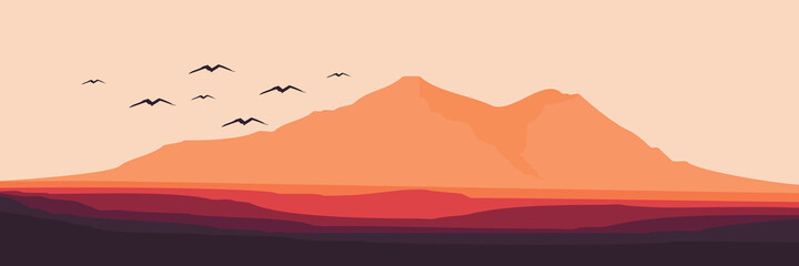 Fototapeta na wymiar sunset over mountain flat design vector illustration for desktop background, web banner, internet banner and tourism design template
