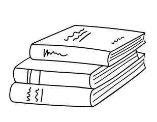 Stylized stack of books in doodle style. Books to read or study. Black outlines isolated on a white  background. Sketch book pile. Hand-drawn vector illustration for greeting cards, stickers, design.