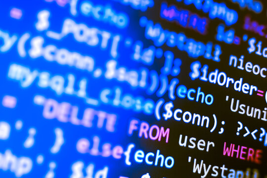 PHP language web programming source code. Abstract code background.  Backend programming, software development concept