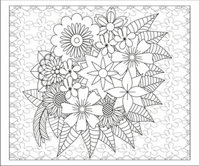 Outline vector drawing of flowers for adult coloring books. Page of floral pattern in black and white