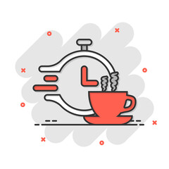 Coffee break icon in comic style. Clock with tea cup cartoon vector illustration on white isolated background. Breakfast time splash effect business concept.