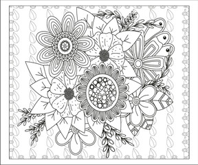 Outline vector drawing of flowers for adult coloring books. Page of floral pattern in black and white