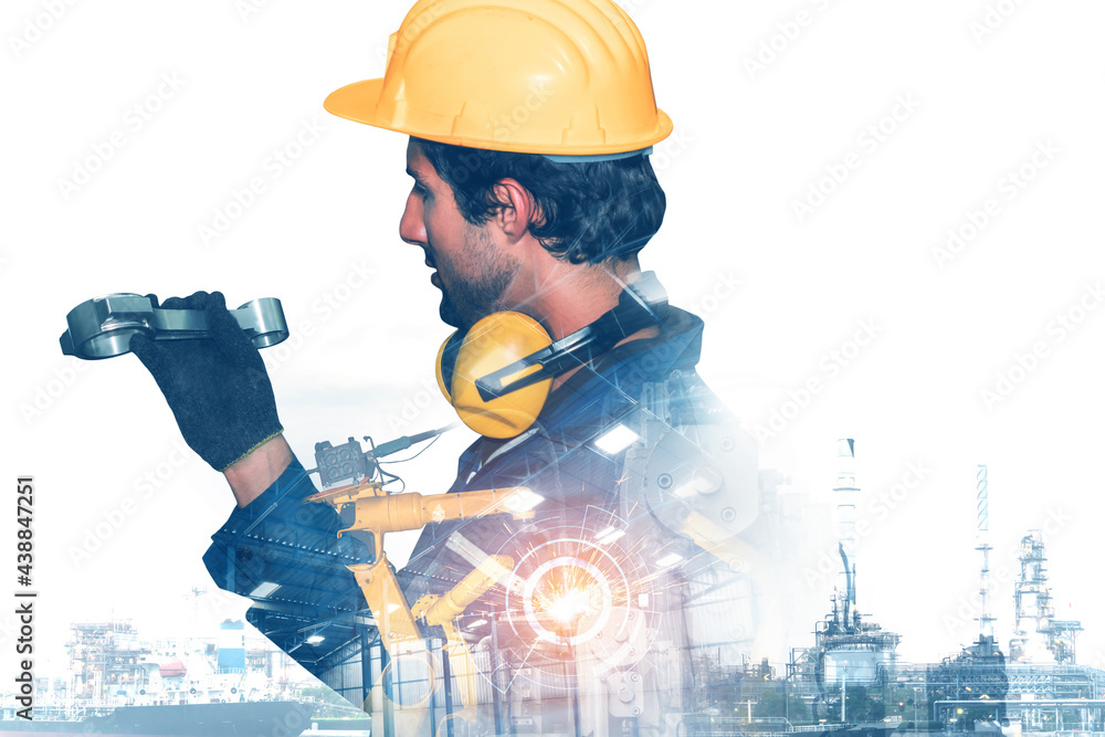 Poster mechanized industry robot arm and factory worker double exposure . concept of robotics technology fo