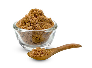 Brown cane sugar with glass bowl and wooden spoon isolated on white background ,include clipping path