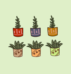 Vector set of Bright and cute pattern with botanical flowers, on a green background, in brown pots with cozy patterns. Vector illustration.