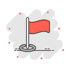 Flag icon in comic style. Pin cartoon vector illustration on white isolated background. Flagpole splash effect business concept.