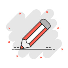 Pencil icon in comic style. Pen cartoon vector illustration on white isolated background. Drawing splash effect business concept.