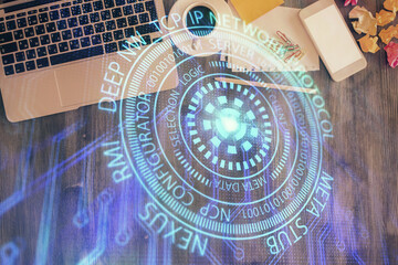 Multi exposure of data theme drawing hologram over topview work desk background with computer. Concept of technology.