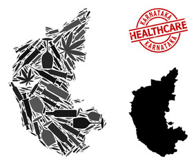 Vector addiction collage map of Karnataka State. Scratched healthcare round red badge. Template for narcotic addiction and treatment promotion. Map of Karnataka State is made from injection needles,