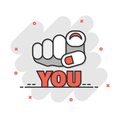 Finger point icon in comic style. Hand gesture cartoon vector illustration on white isolated background. You forward splash effect business concept.