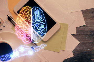 Double exposure of brain drawing over work table desktop. Top view. Global data analysis concept.